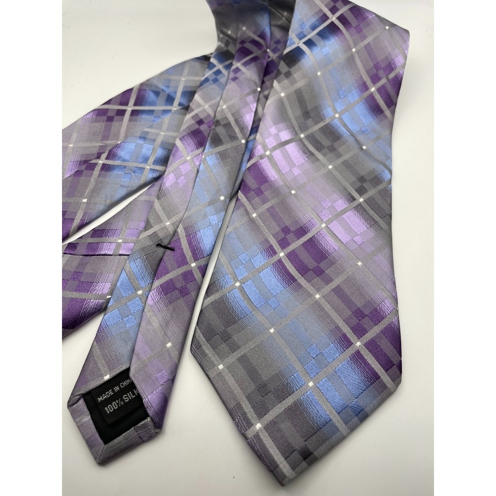 Van Heusen Mens Silk Necktie Purple Blue Grey Geometric Plaid Woven Classic Tie